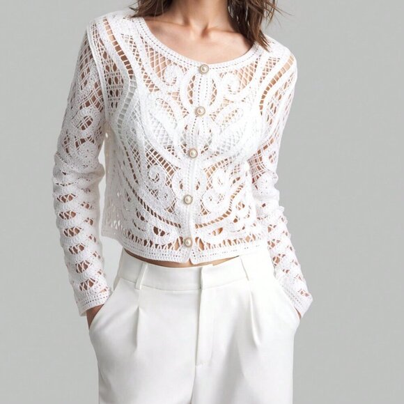Tops - White Casual Women's Crew Neck Long Sleeve Sheer Front Button Up Blouse